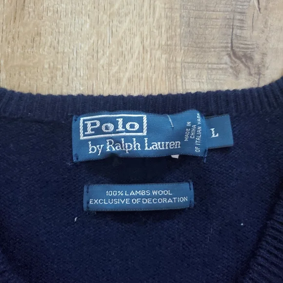 Polo Ralph Lauren Italian 100% Lambswool Sweater V neck Pullover Sz L Blue